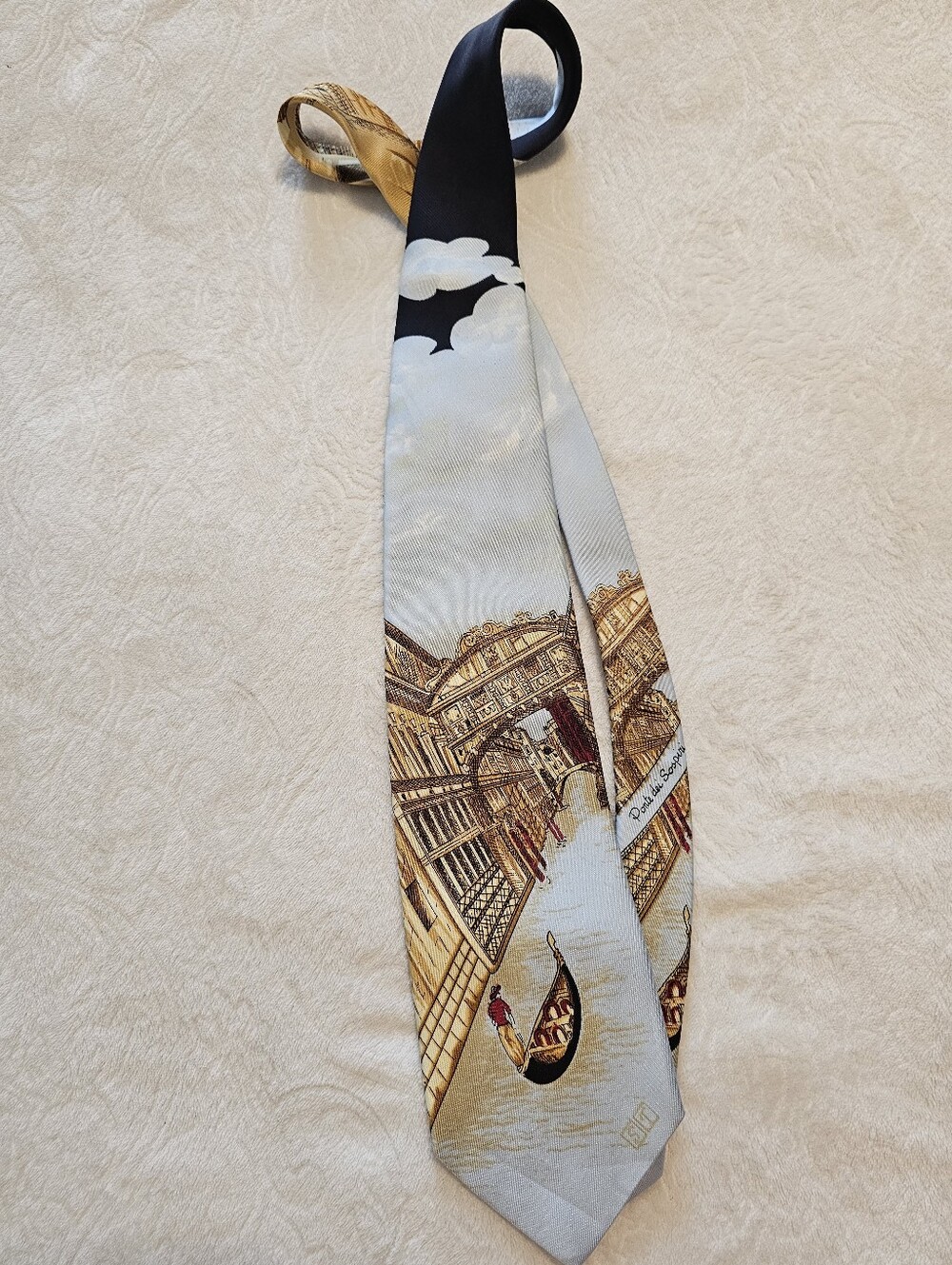Stefano Tino Silk Tie Venice Italy Bridge of Sighs Gondola Hand Made Italy Euc